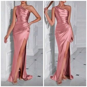 New Luxe Pleated Satin One Shoulder Wrap Maxi Gown Dress Rose Pink
